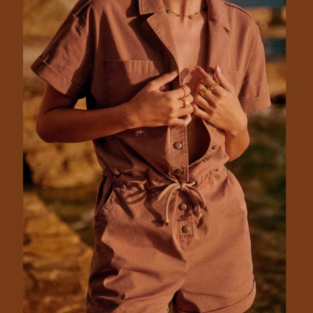 Sezane Brown Short-Sleeve Utility Romper - Picture 2 of 14